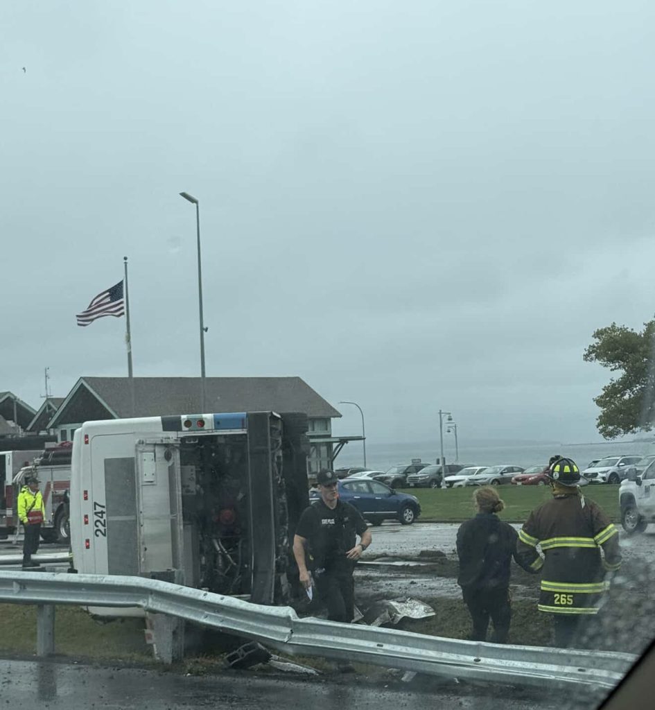 bus overturned near Newport Bridge