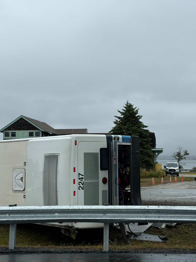bus overturned near Newport Bridge