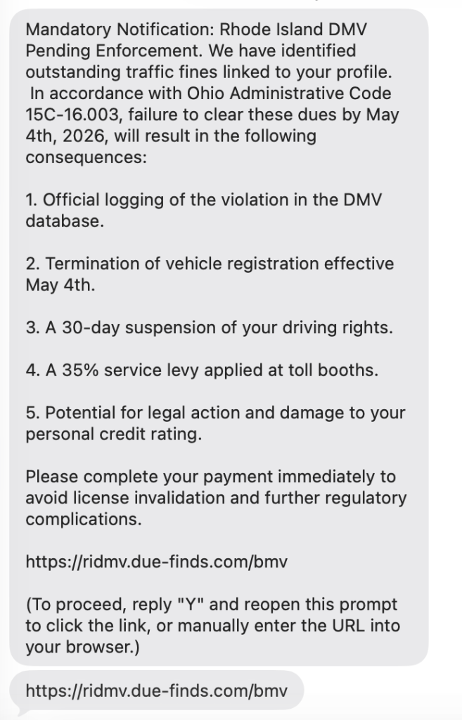 Rhode Island DMV scam text